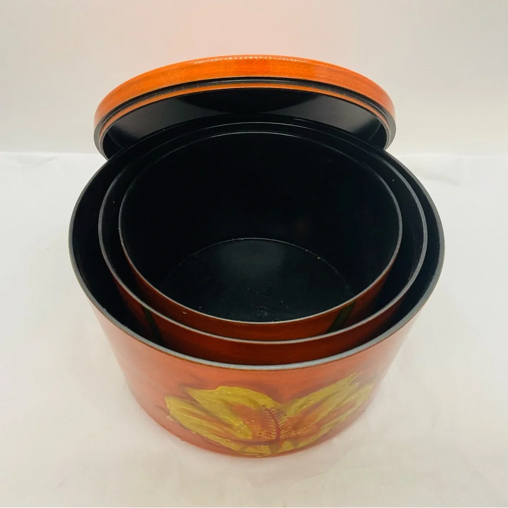 VTG Orange Lacquer Ware Stacking Nesting Set 3 Bowls & Lid Floral Design - Japan